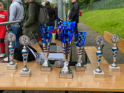 Trophies from a football tournament stand on a table